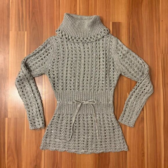 gray silver sequin cowl neck turtleneck open knit sweater with velvet waist tie - Picture 1 of 7